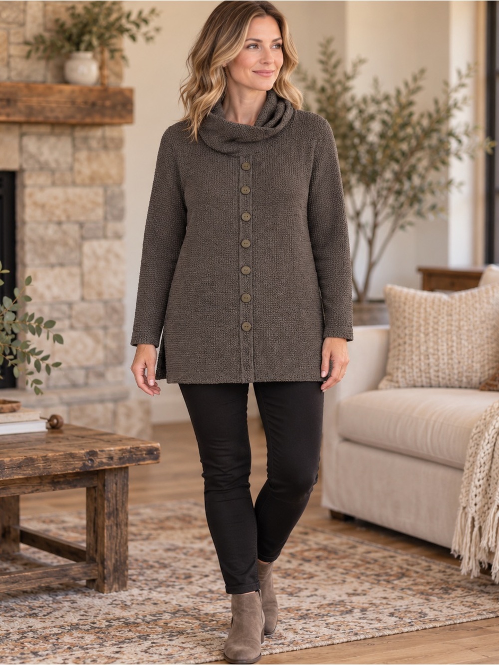 Multiples Women’s Medium Brown Textured Knit Cowl Neck Button Cardigan Sweater